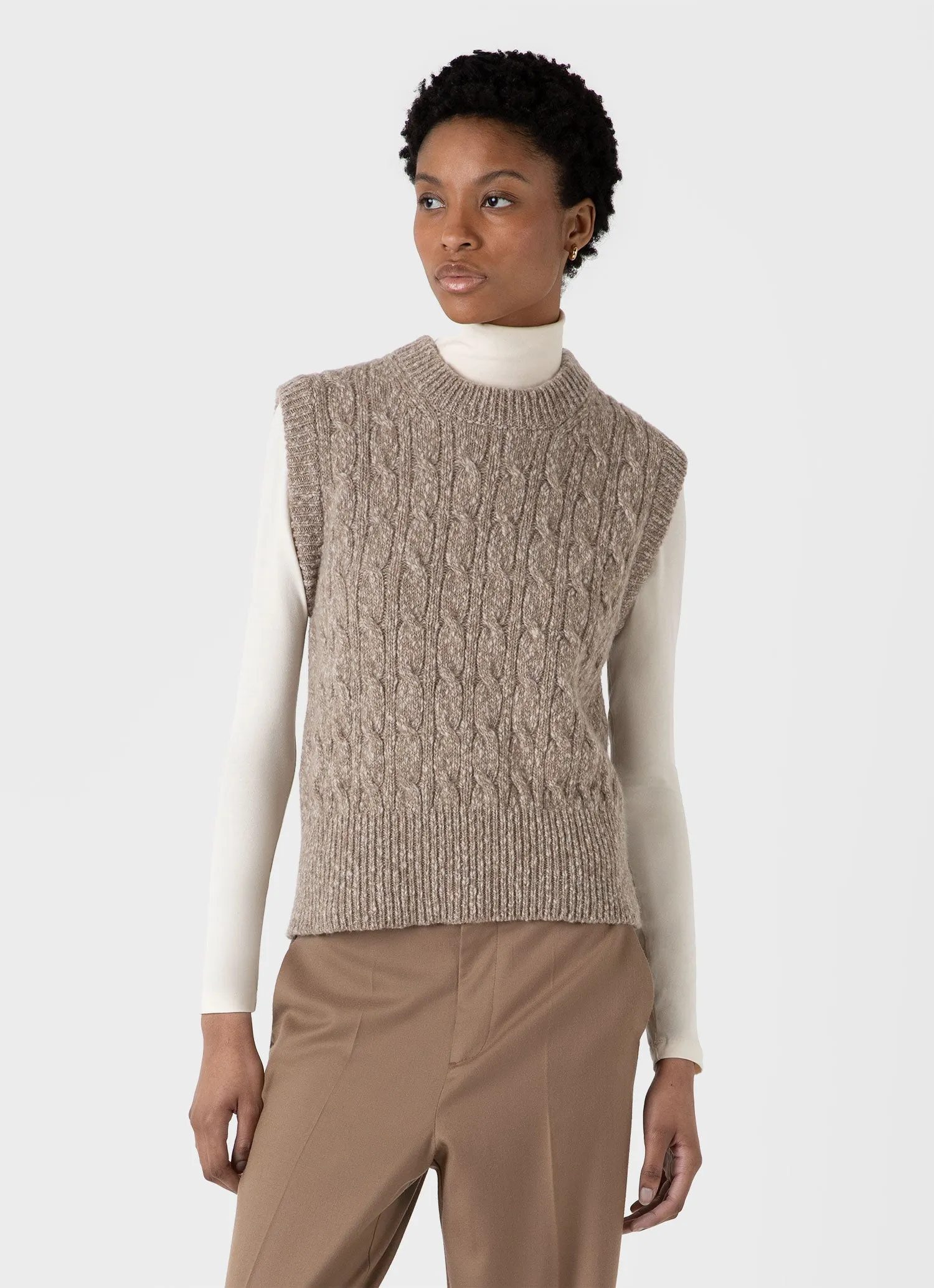 Women's Cable Knit Vest in Camel Twist sold by Sunspel