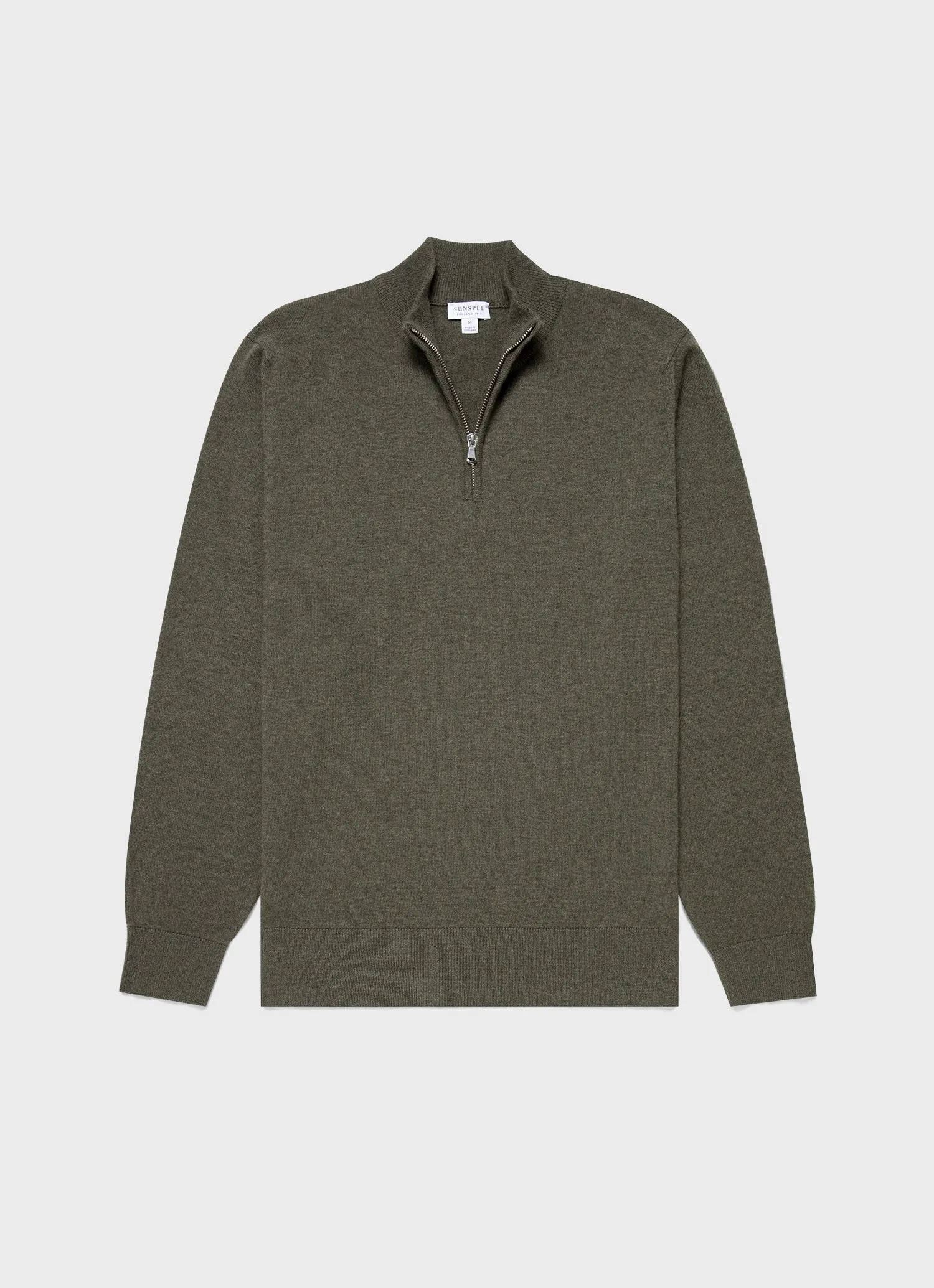 Men's Cashmere Zip Neck Jumper in Dark Moss sold by Sunspel