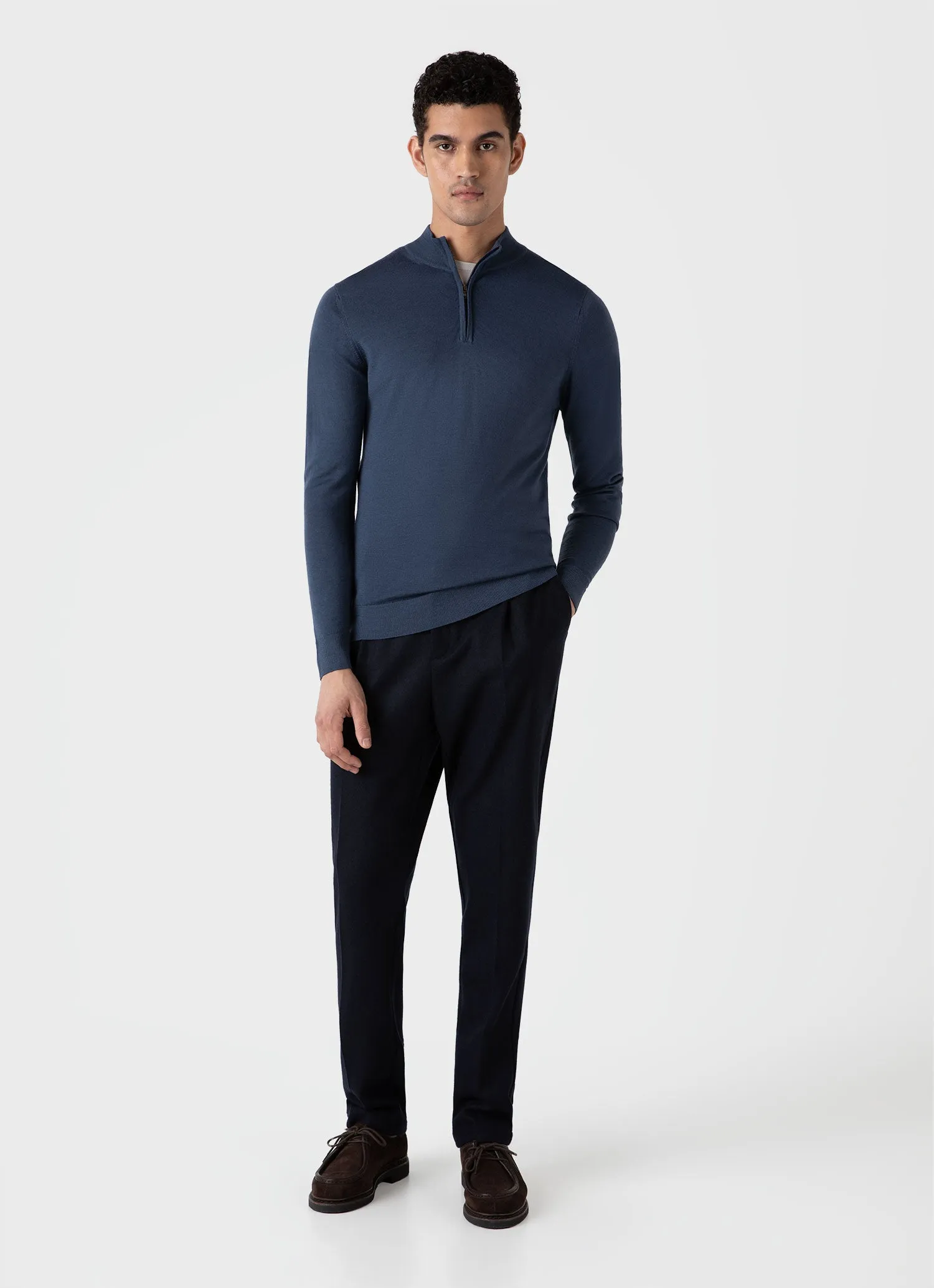 Men's Pleated Boiled Wool Trouser in Navy sold by Sunspel product image thumbnail 2