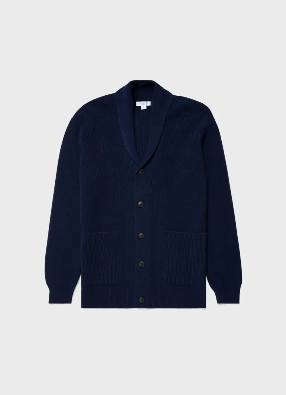 Men's Shawl Cardigan in Dark Navy Melange sold by Sunspel