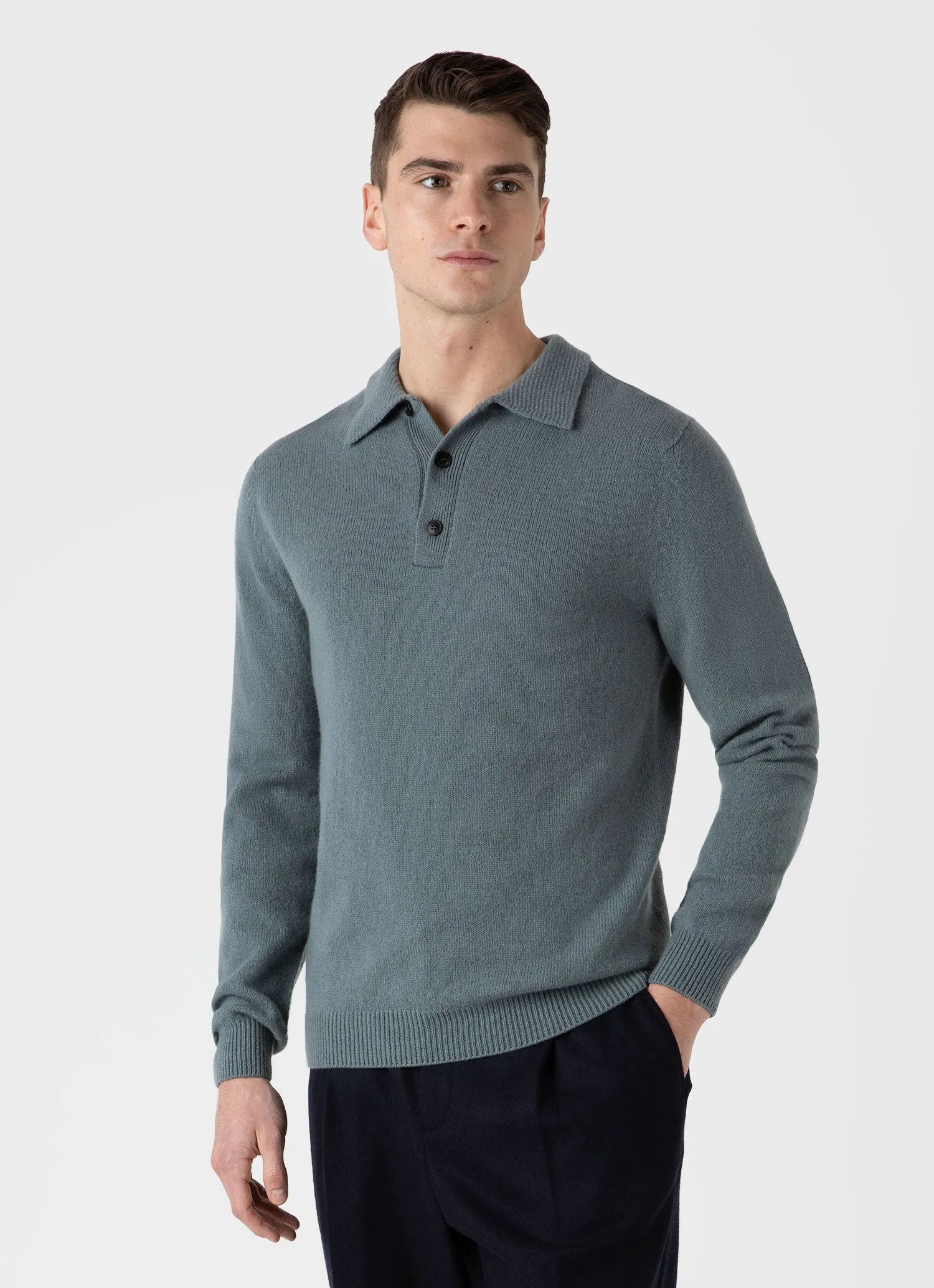 Men's Lambswool Polo Shirt in Smoke Green sold by Sunspel product image thumbnail 2