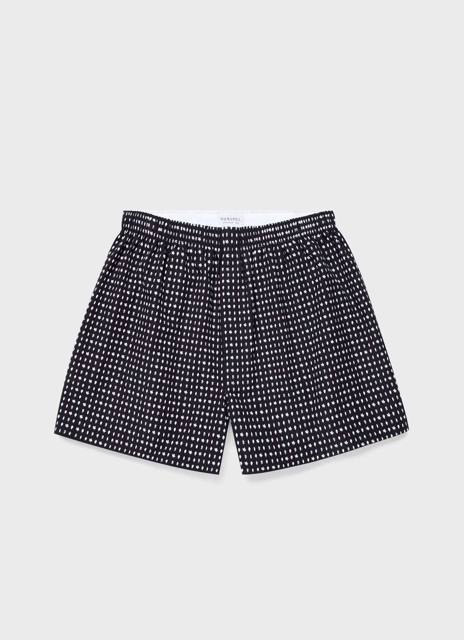 Men's Classic Print Boxer Shorts in Navy/White Leaf Print sold by Sunspel