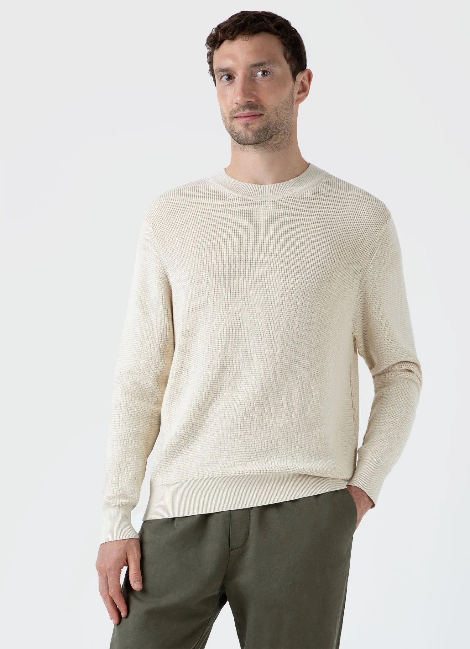 Men's Waffle Stitch Crew Neck Jumper in Ecru sold by Sunspel product image thumbnail 2