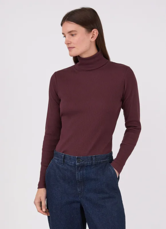 Women's Rib Roll Neck T-shirt in Port made by Sunspel