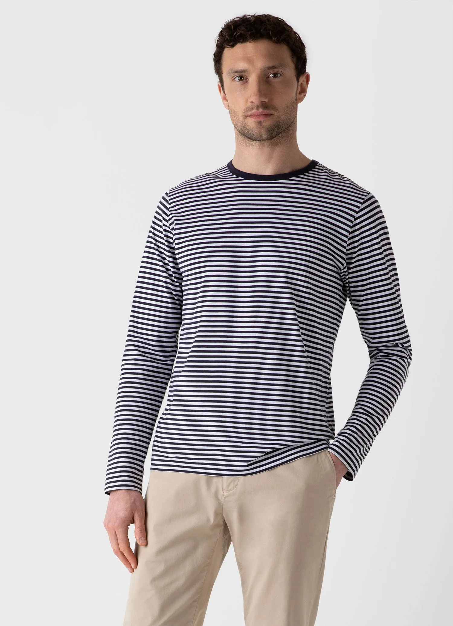 Men's Classic Long Sleeve T-shirt in Navy/White English Stripe sold by Sunspel product image thumbnail 2
