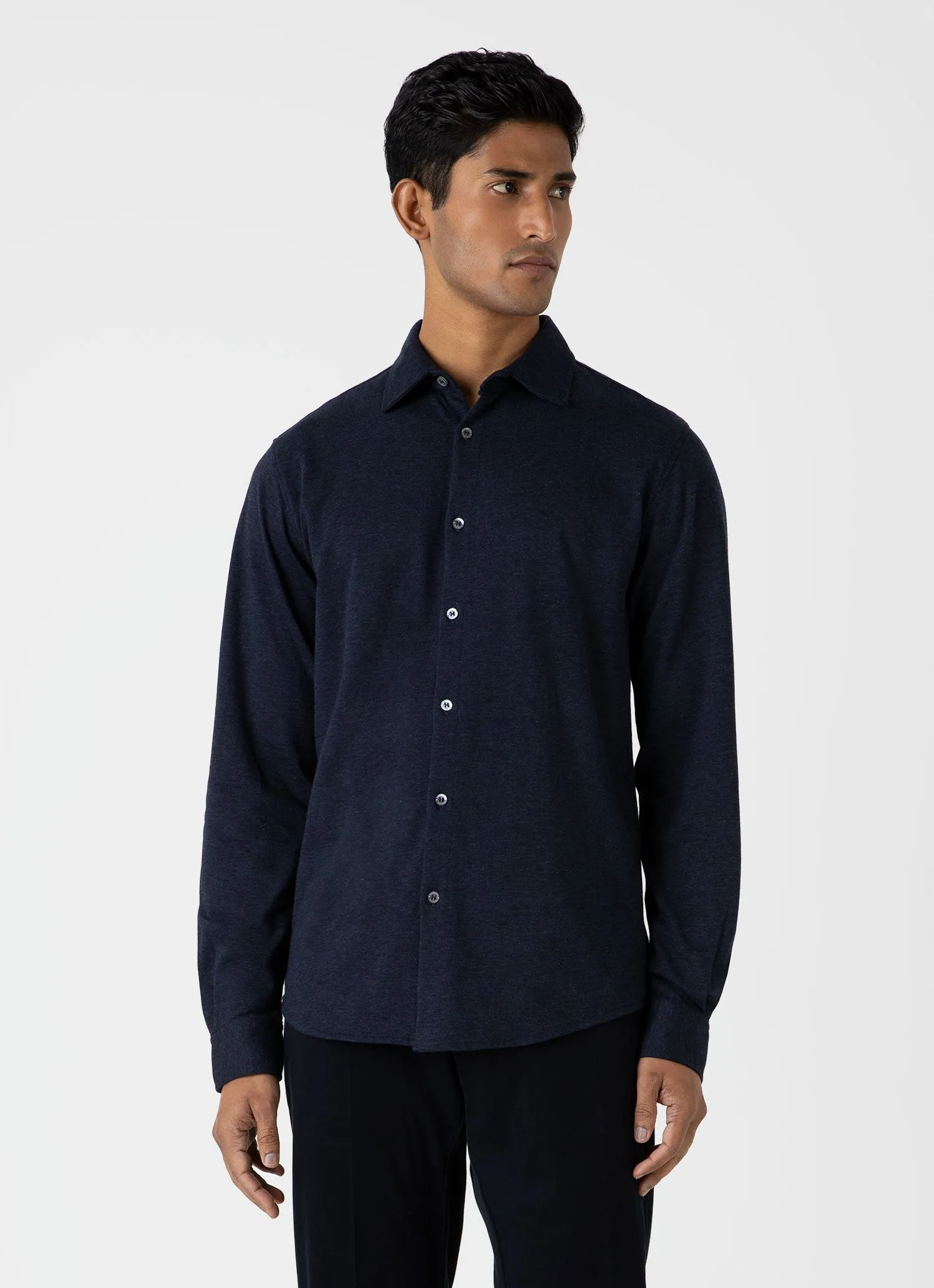 Men's Cotton Cashmere Piqué Shirt in Navy Melange sold by Sunspel product image thumbnail 2