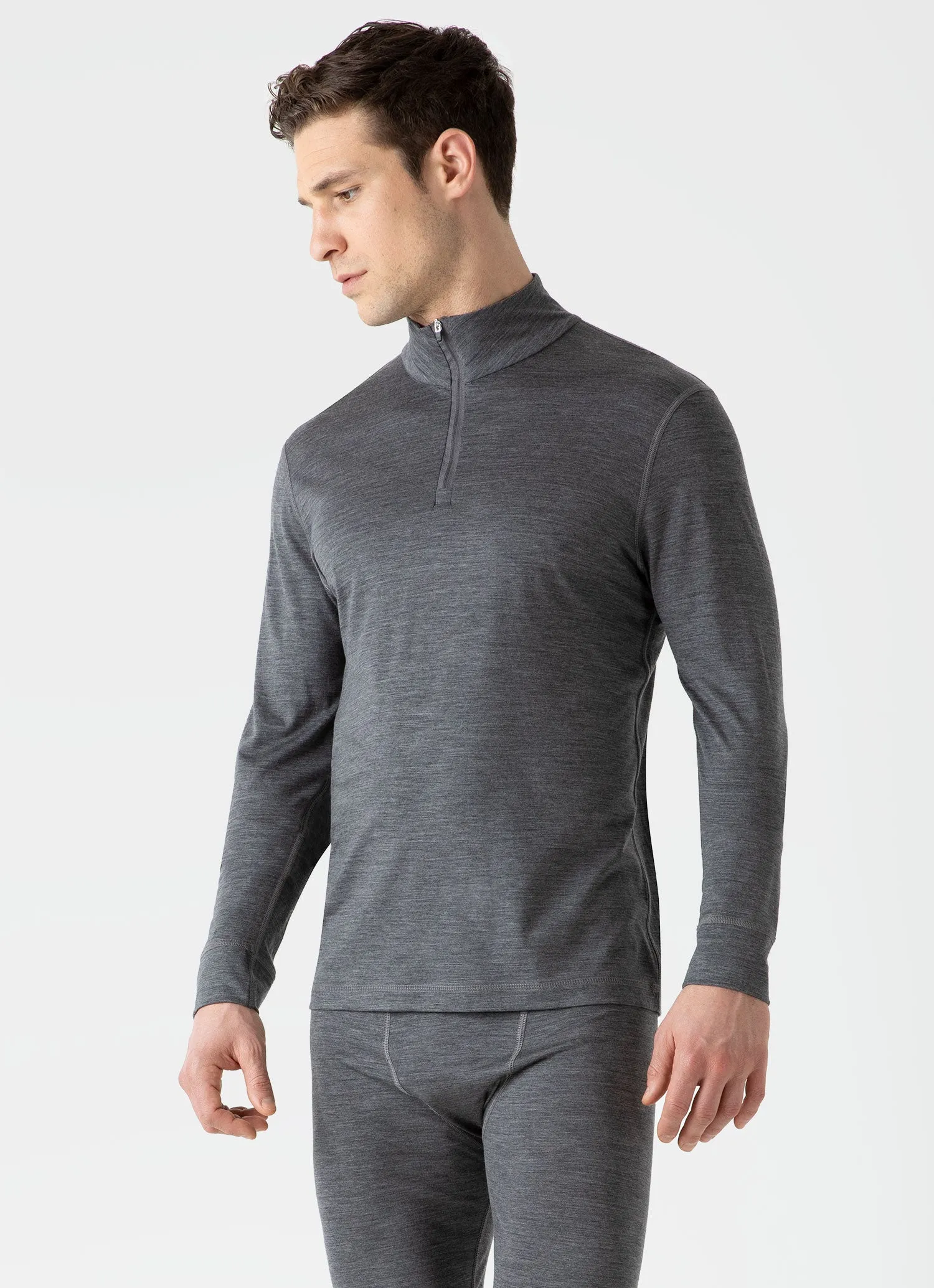 Men's Active Merino Half Zip Top in Grey Melange sold by Sunspel product image thumbnail 2