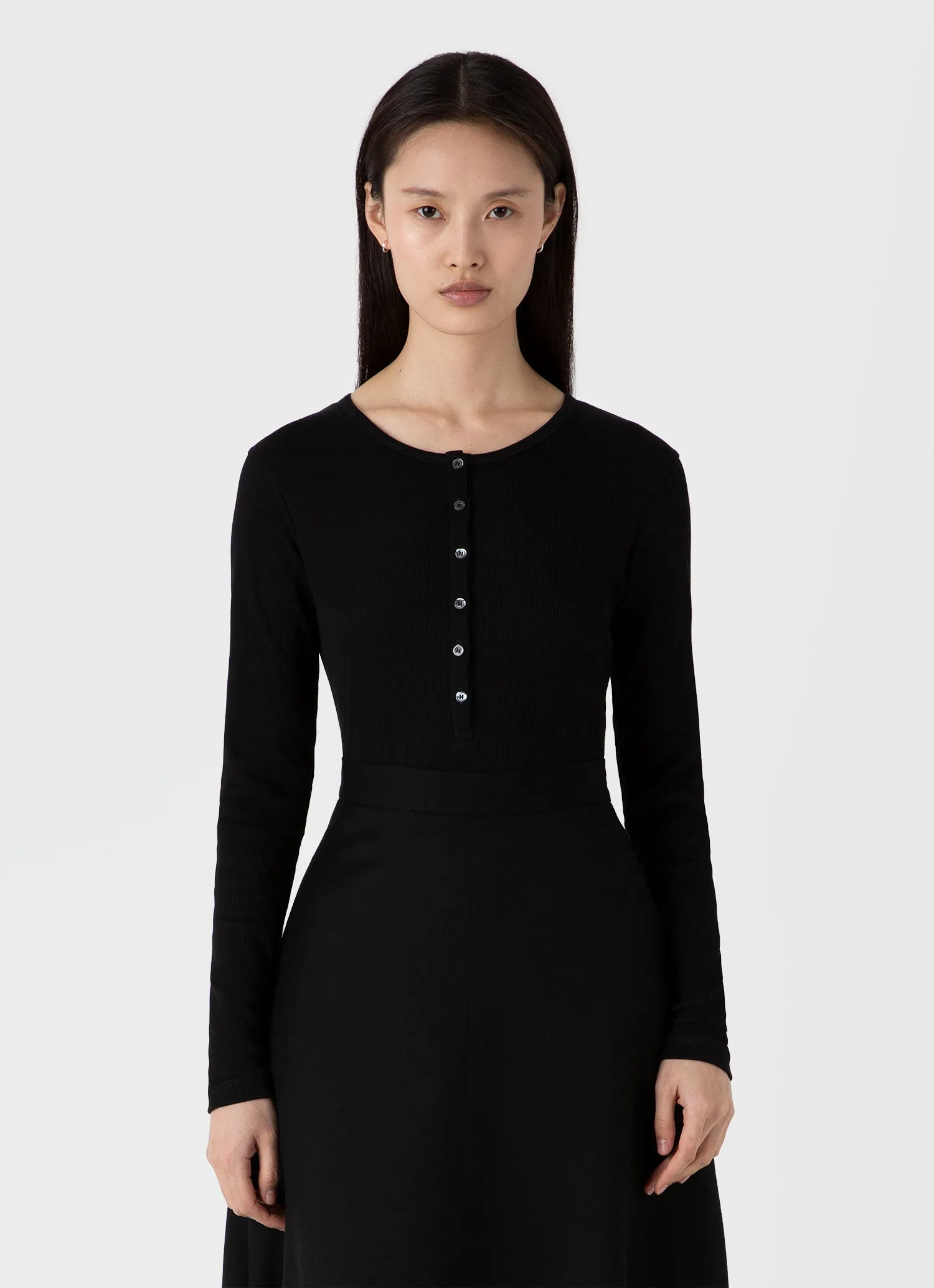 Women's Rib Henley in Black sold by Sunspel