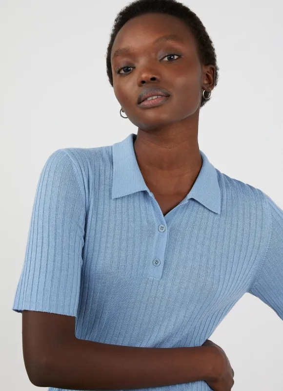 Women's Merino Silk Polo in Blue Mist sold by Sunspel