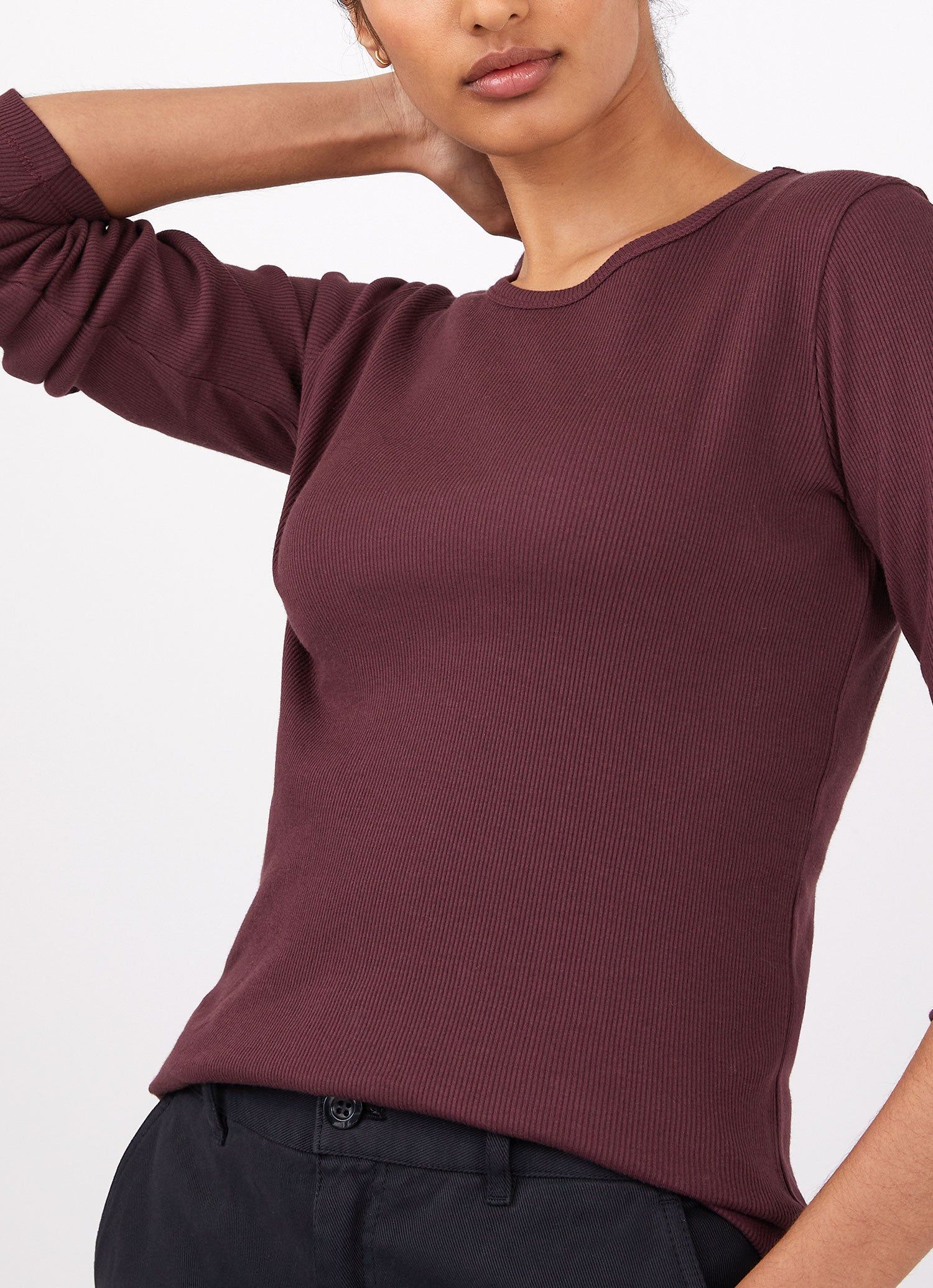 Women's Rib Long Sleeve T-shirt in Port sold by Sunspel