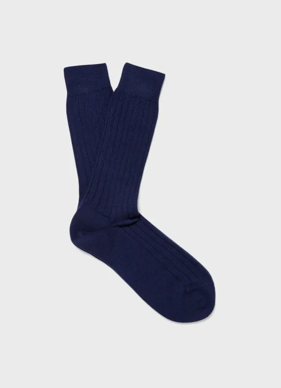 Men's Cashmere Ribbed Socks in Navy sold by Sunspel