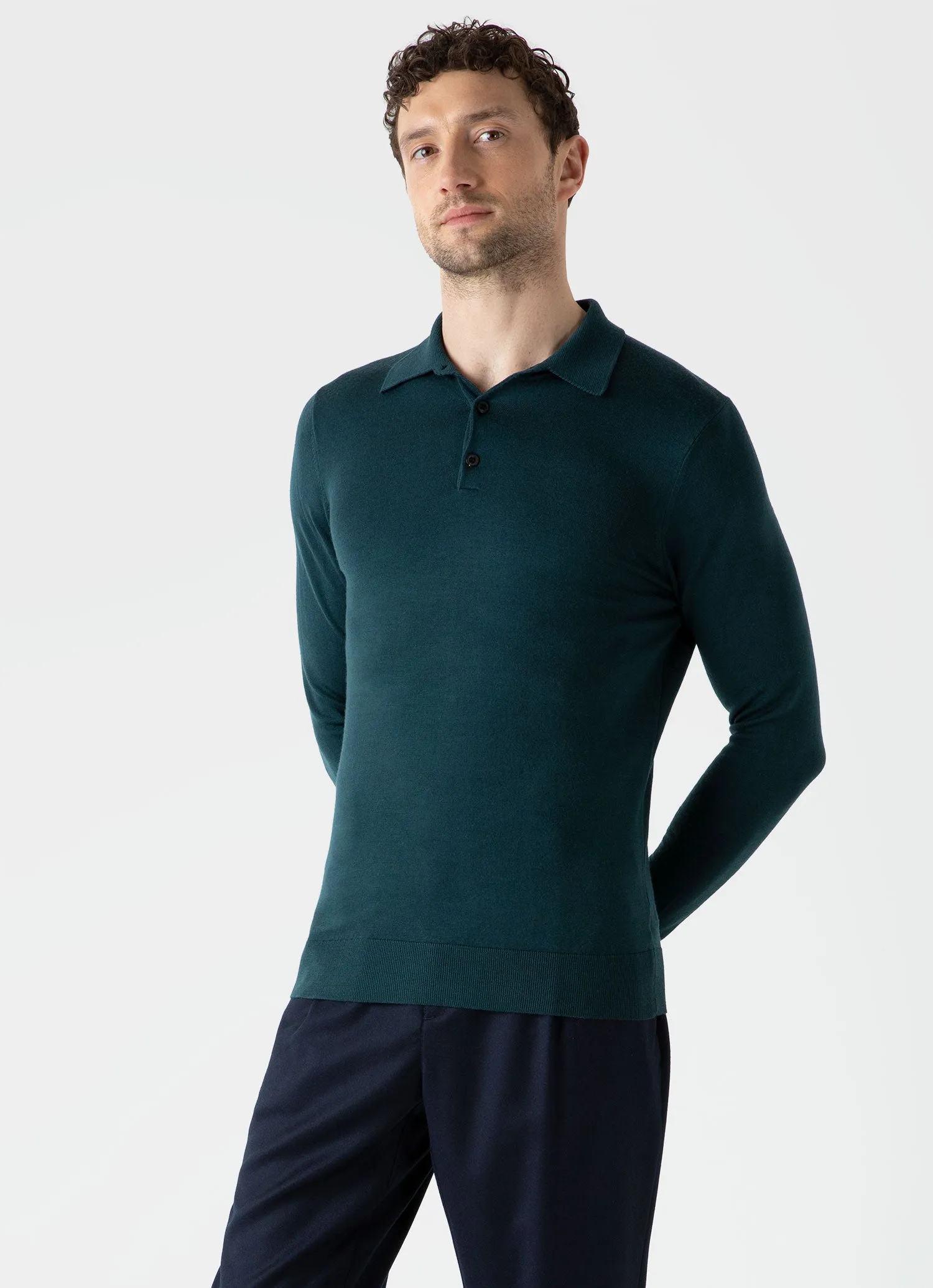Men's Extra-Fine Merino Polo Shirt in Peacock sold by Sunspel product image thumbnail 2