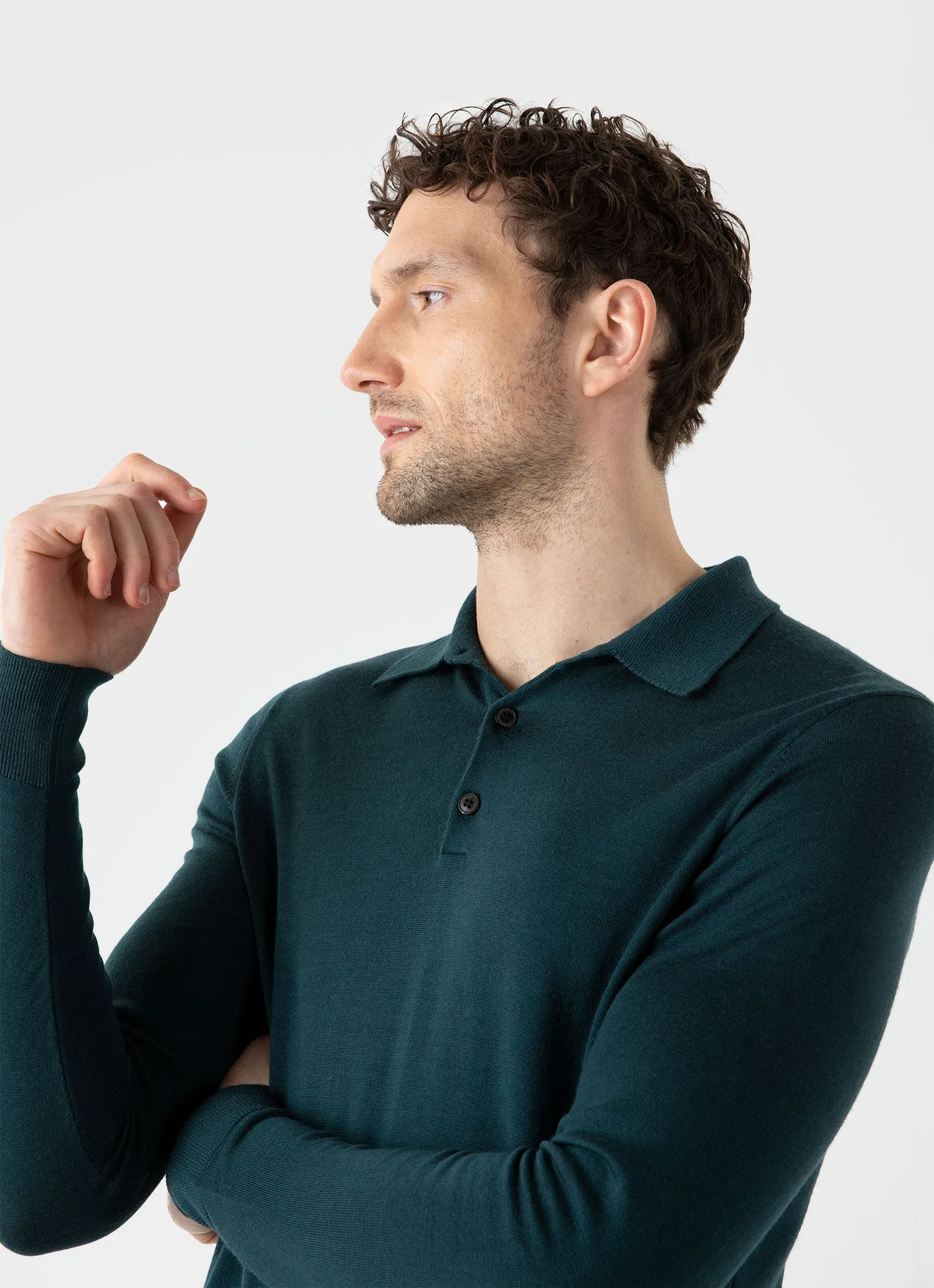 Men's Extra-Fine Merino Polo Shirt in Peacock sold by Sunspel product image thumbnail 5