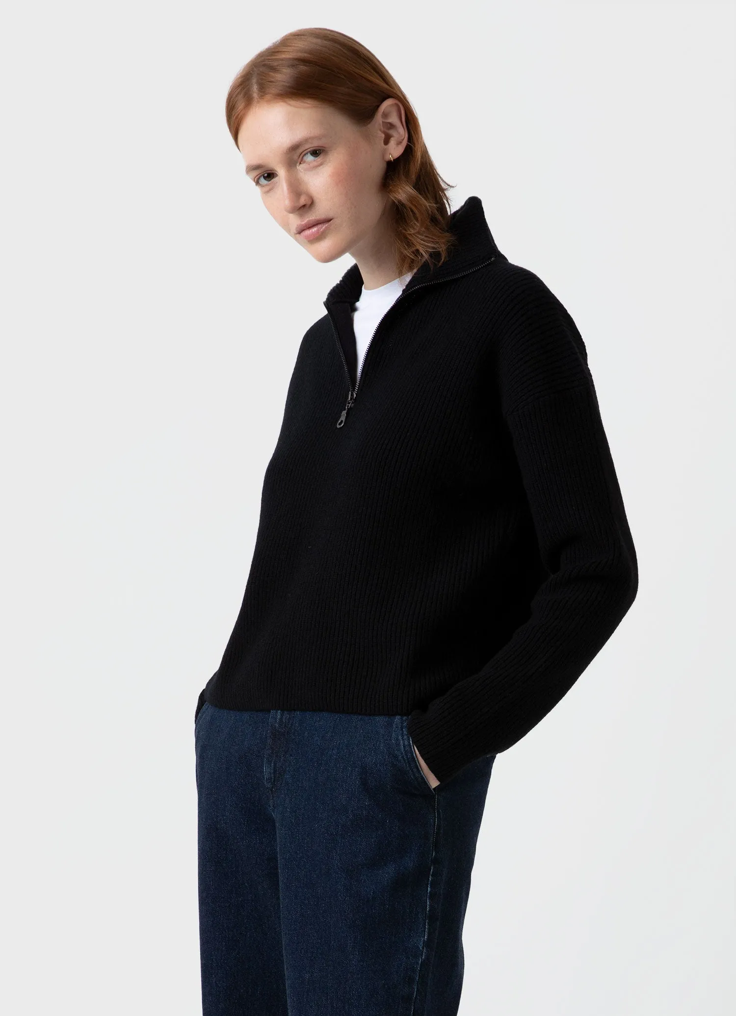 Women's Wool Cashmere Rib Zip Neck in Black sold by Sunspel