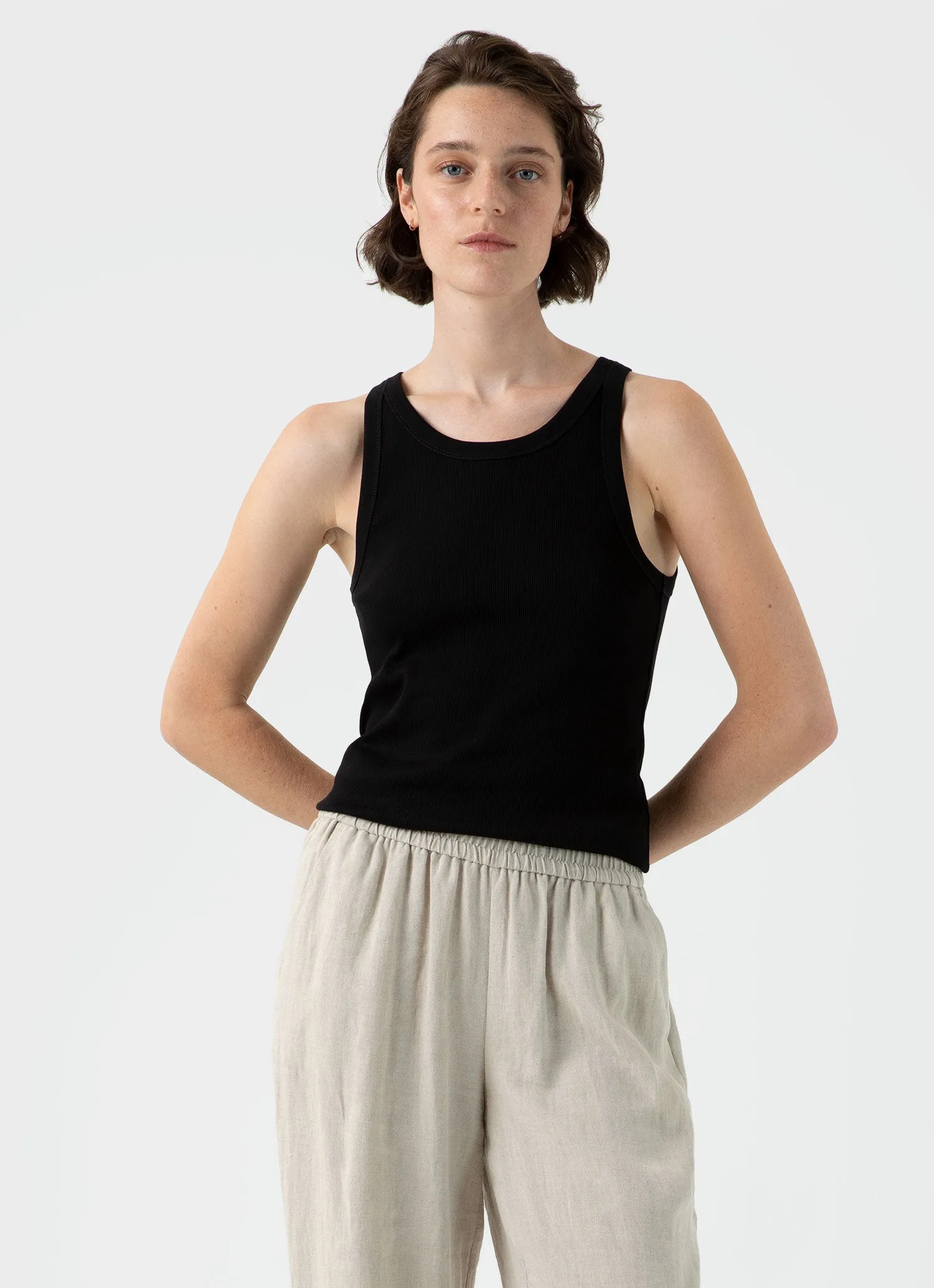 Women's Ribbed Tank Top in Black sold by Sunspel
