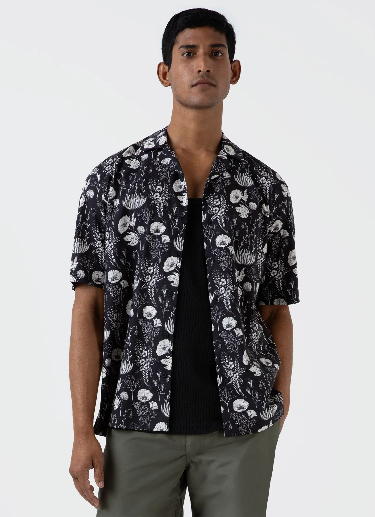 Men's Leaf Print Camp Collar Shirt in Black sold by Sunspel product image thumbnail 2