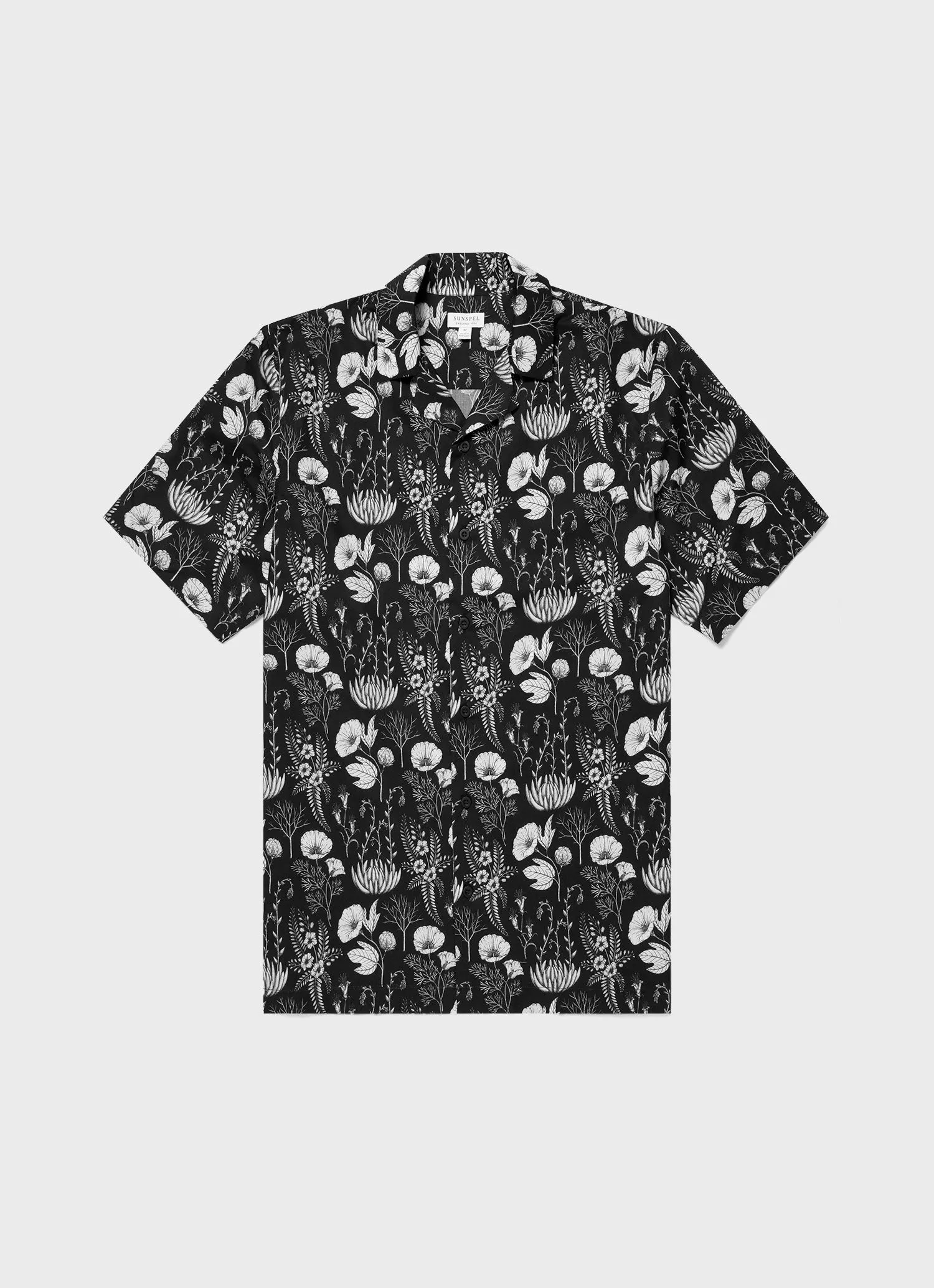 Men's Leaf Print Camp Collar Shirt in Black sold by Sunspel