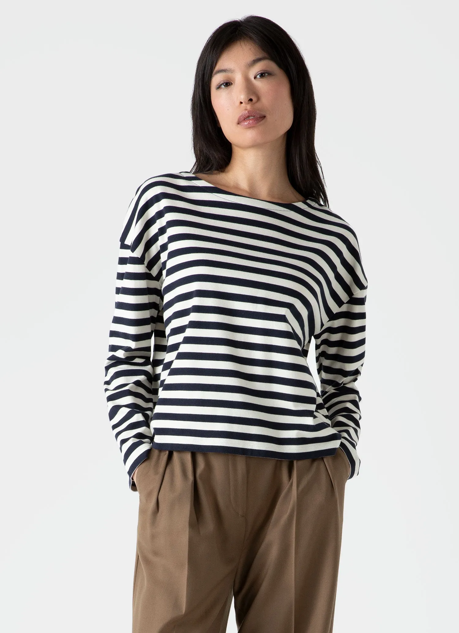 Women's Long Sleeve Boatneck T-shirt in Navy/Ecru Block Stripe sold by Sunspel product image thumbnail 2