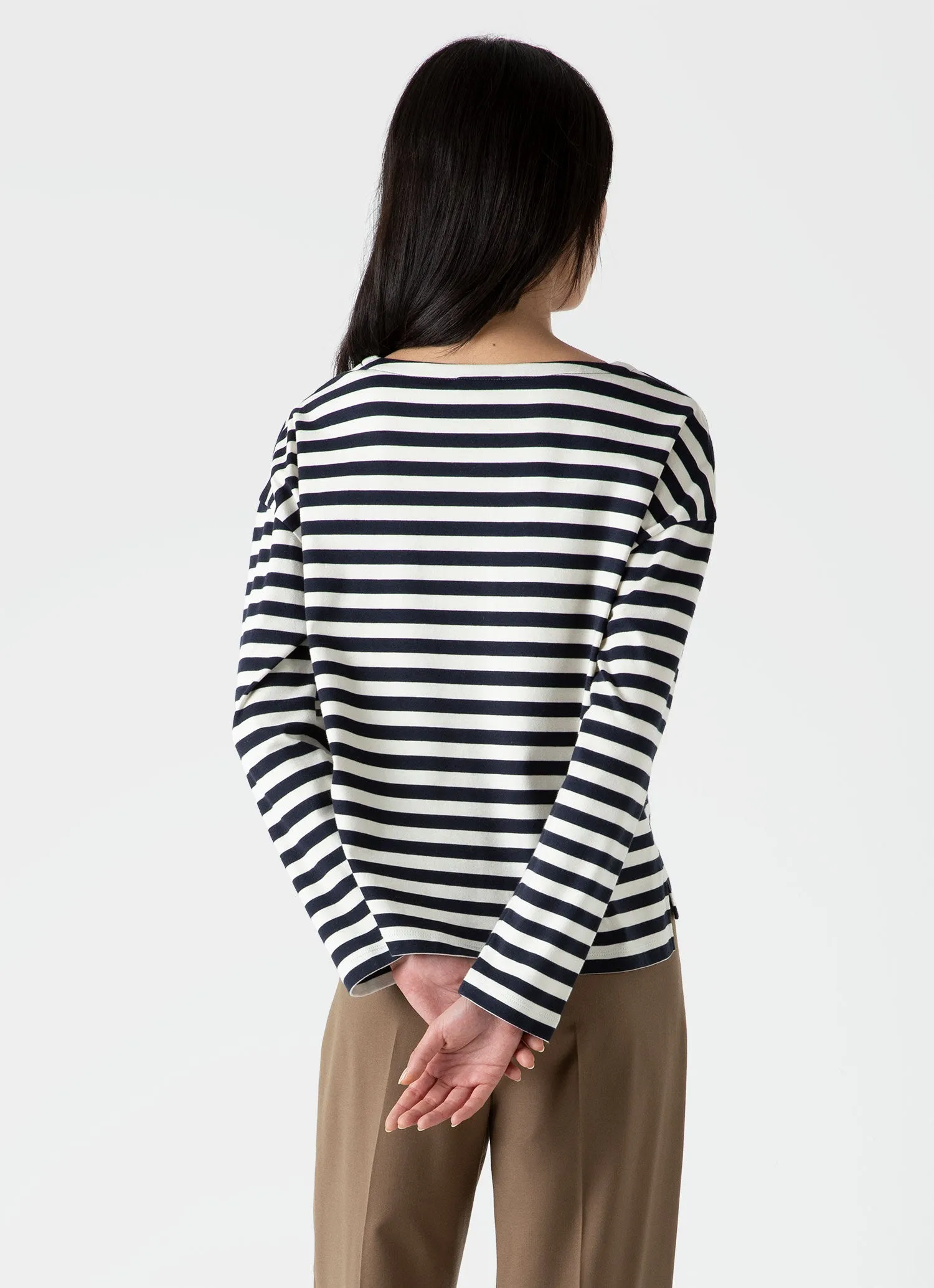 Women's Long Sleeve Boatneck T-shirt in Navy/Ecru Block Stripe sold by Sunspel product image thumbnail 4