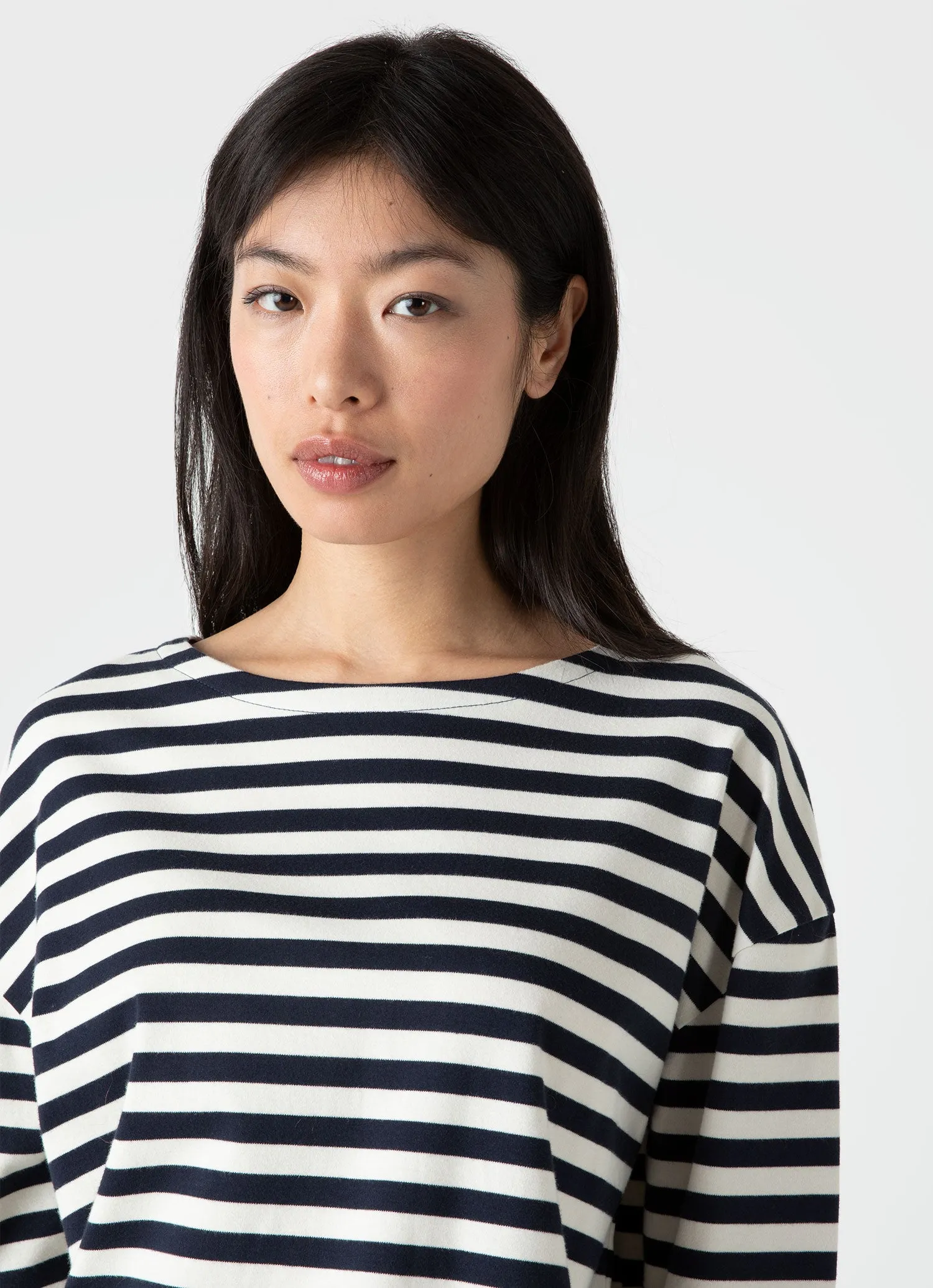Women's Long Sleeve Boatneck T-shirt in Navy/Ecru Block Stripe sold by Sunspel product image thumbnail 3