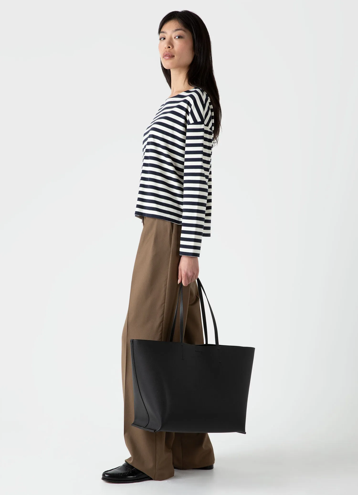 Women's Long Sleeve Boatneck T-shirt in Navy/Ecru Block Stripe sold by Sunspel