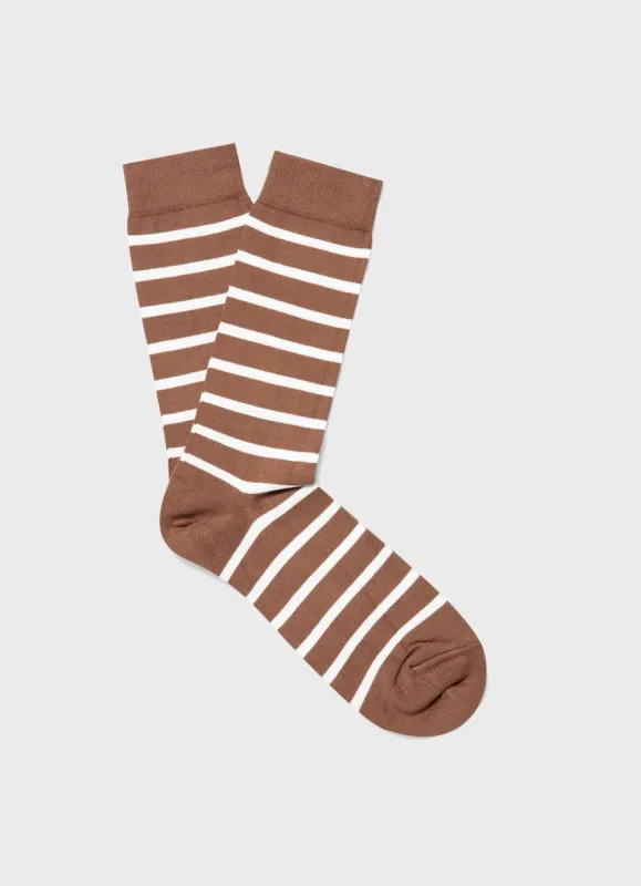 Men's Cotton Socks in Brown/Ecru Breton Stripe sold by Sunspel
