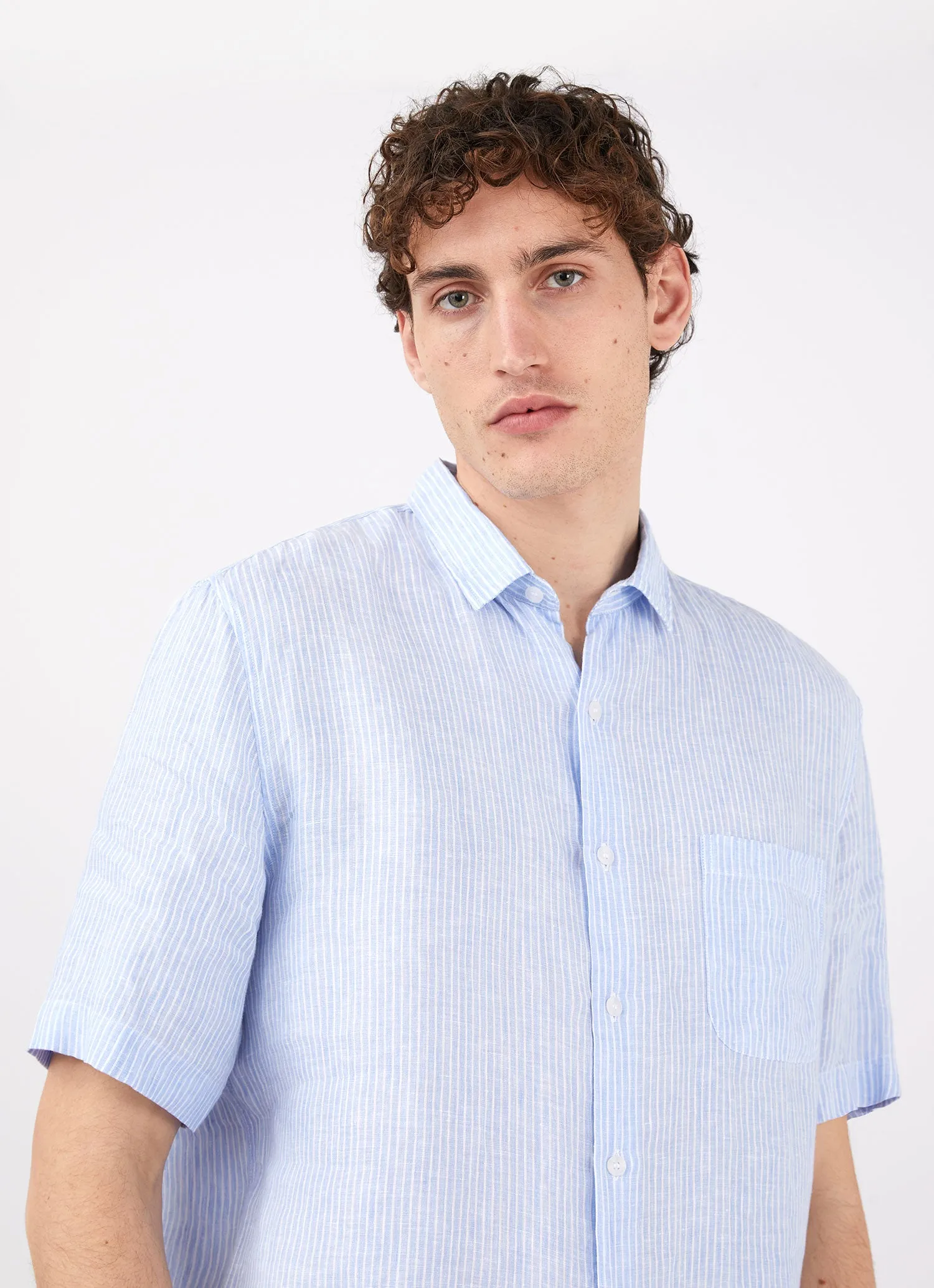 Men's Short Sleeve Linen Shirt in Blue Pinstripe sold by Sunspel product image thumbnail 5