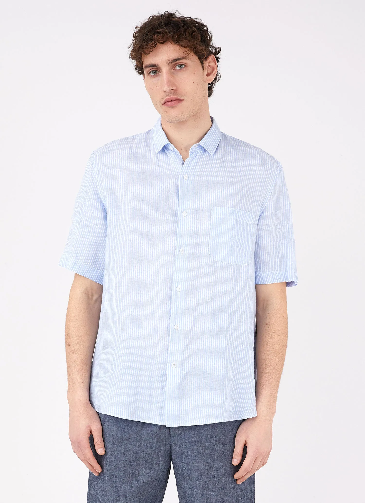 Men's Short Sleeve Linen Shirt in Blue Pinstripe sold by Sunspel product image thumbnail 2