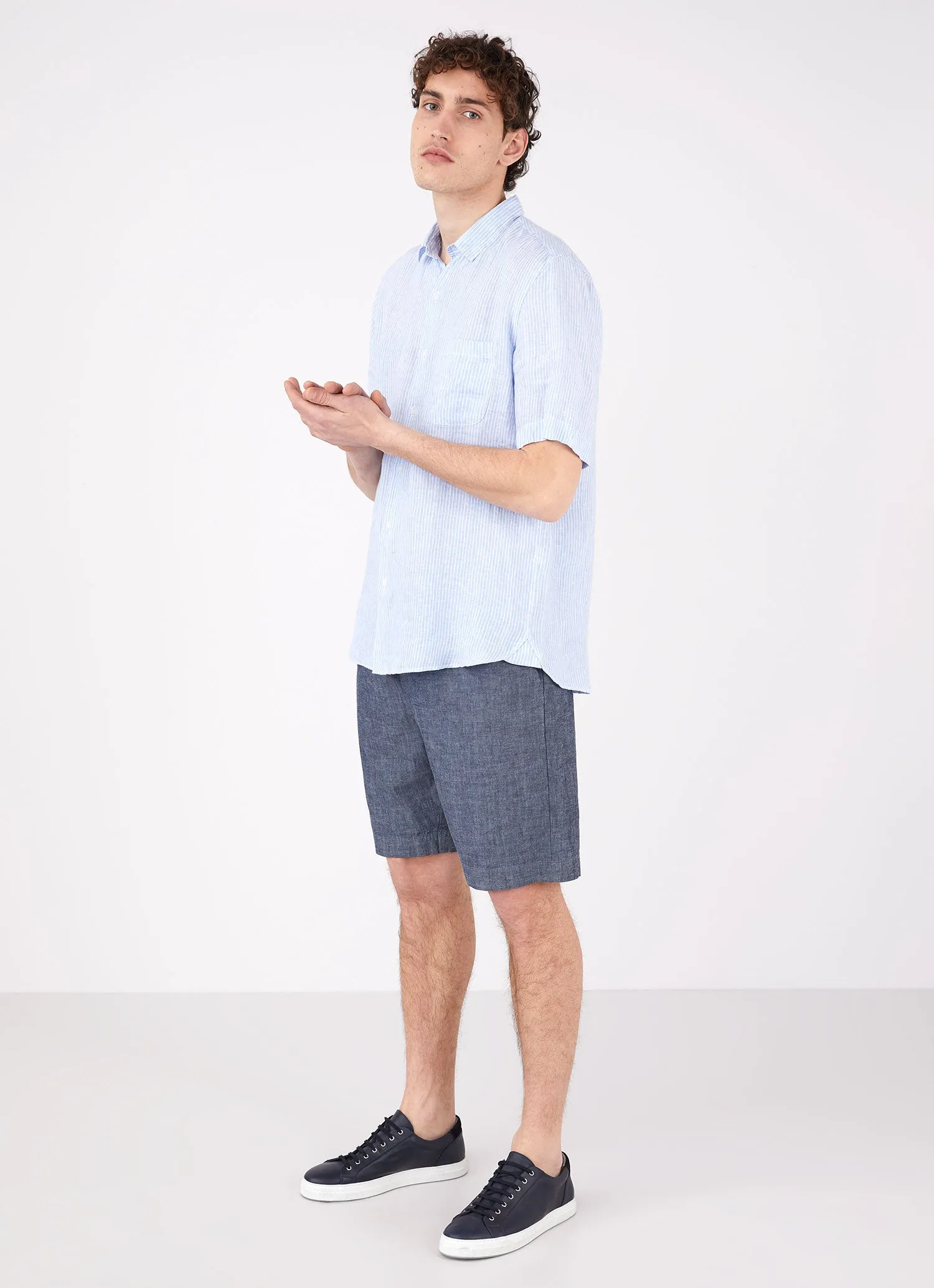 Men's Short Sleeve Linen Shirt in Blue Pinstripe sold by Sunspel product image thumbnail 3