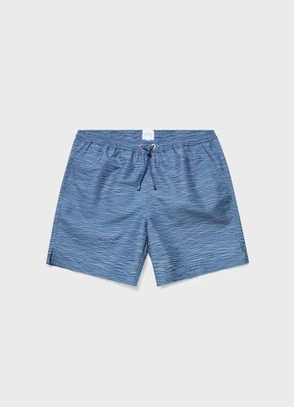 Men's Drawstring Swim Shorts in Atlantic Blue/White Waves sold by Sunspel