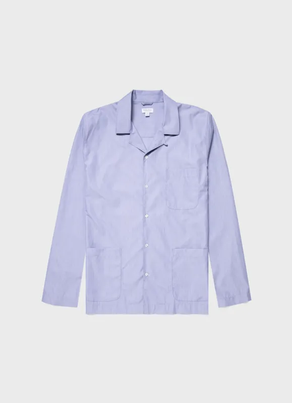 Men's Sea Island Cotton Pyjama Shirt in Blue Thin Stripe sold by Sunspel