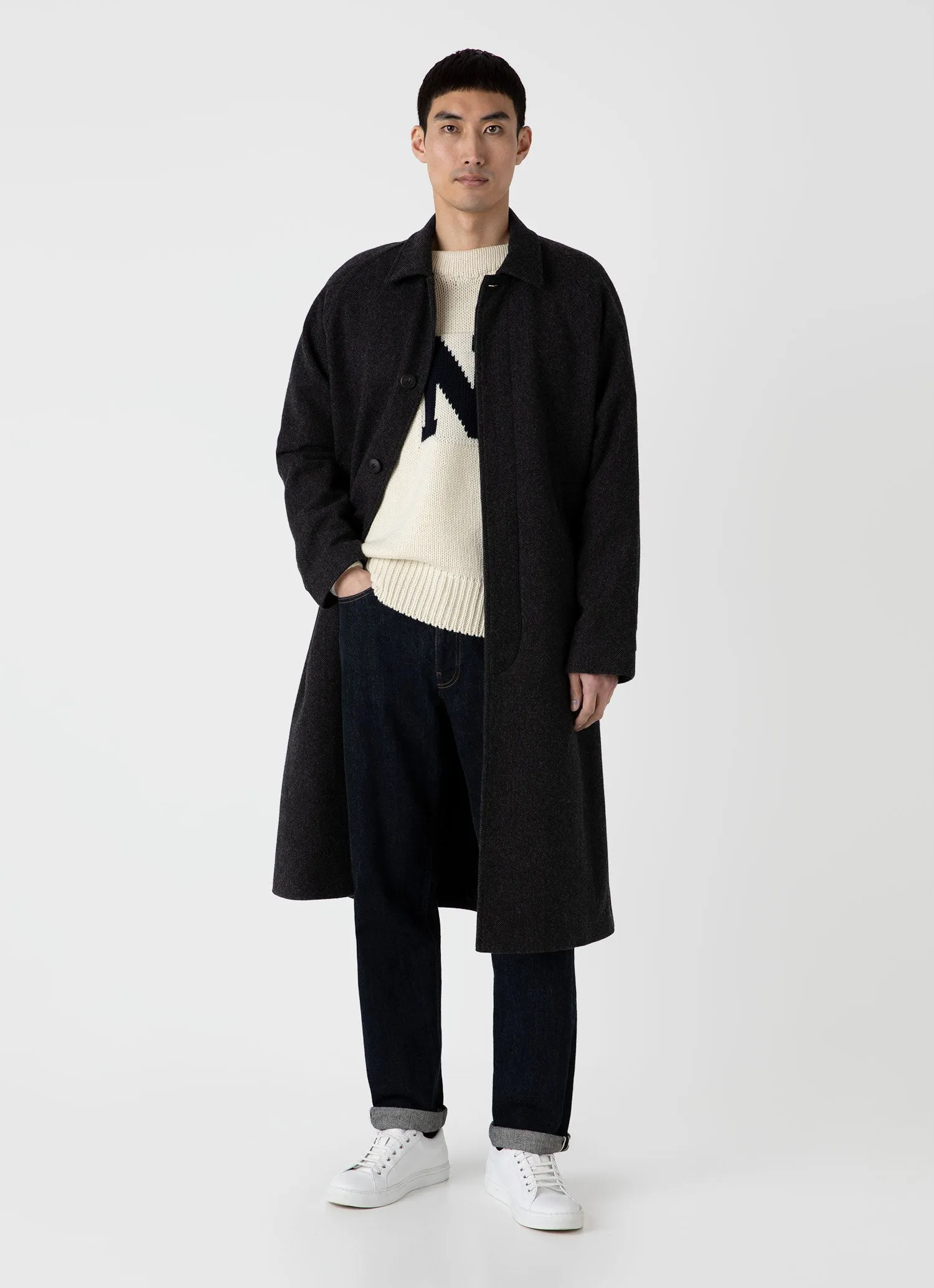 Men's Sunspel x Nigel Cabourn Balmacaan Wool Cashmere Coat in Charcoal Herringbone sold by Sunspel product image thumbnail 3