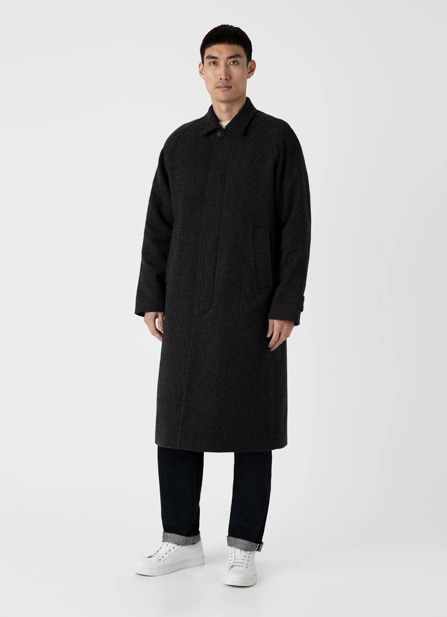 Men's Sunspel x Nigel Cabourn Balmacaan Wool Cashmere Coat in Charcoal Herringbone sold by Sunspel product image thumbnail 2