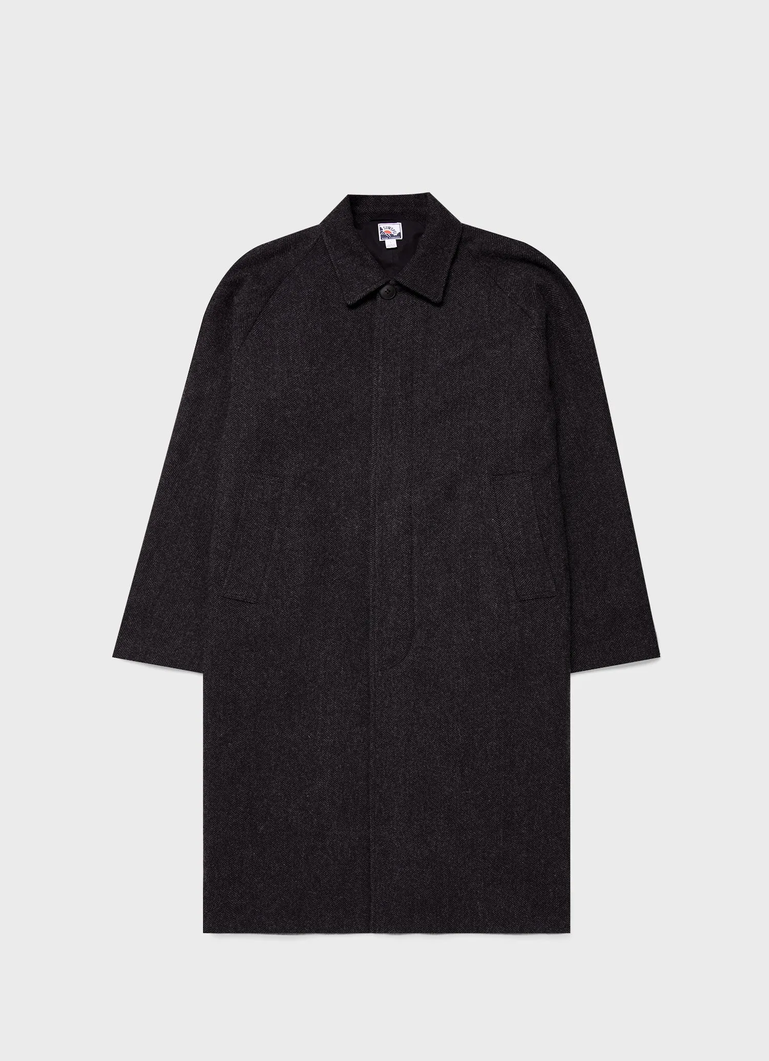 Men's Sunspel x Nigel Cabourn Balmacaan Wool Cashmere Coat in Charcoal Herringbone sold by Sunspel