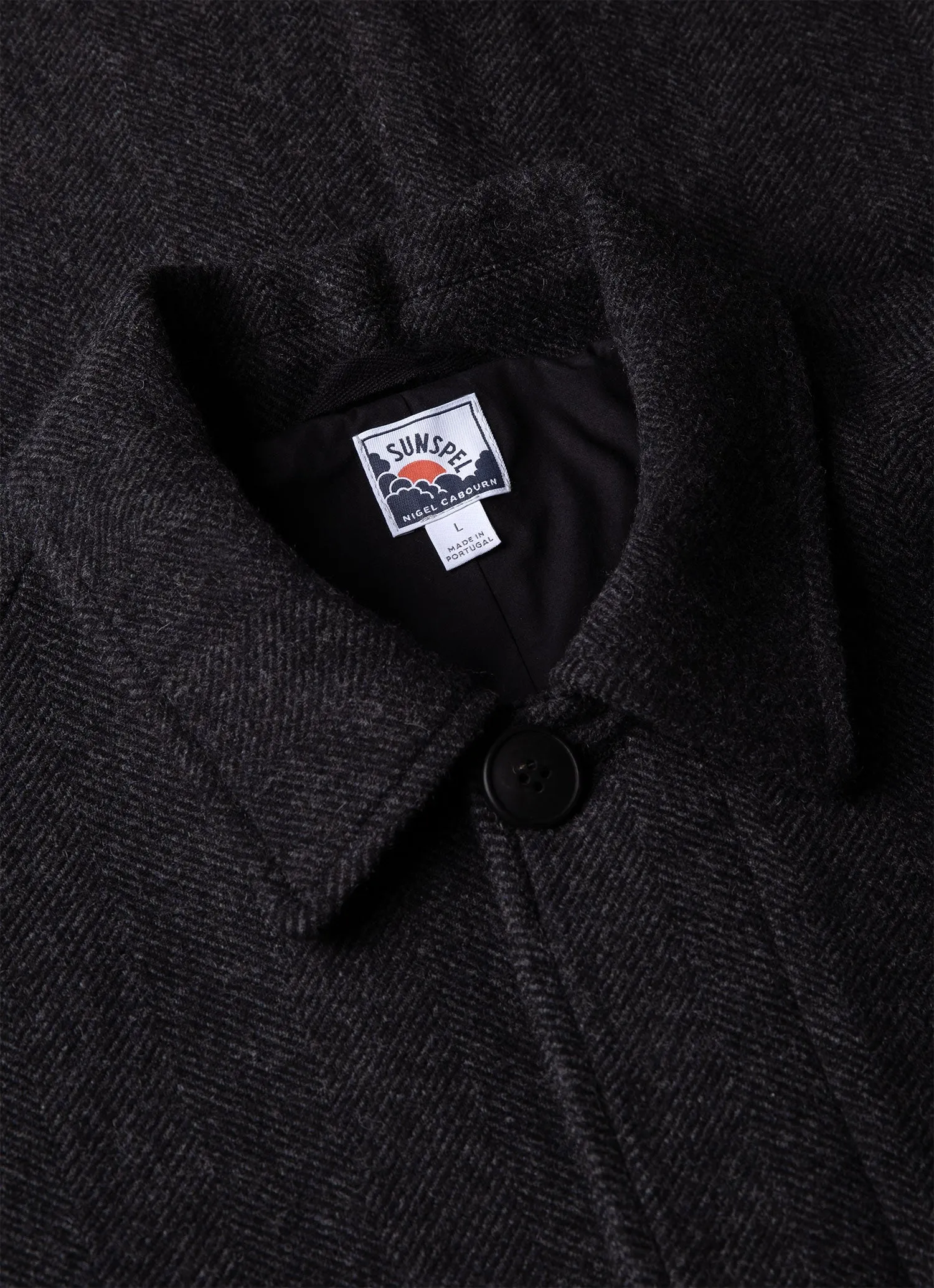 Men's Sunspel x Nigel Cabourn Balmacaan Wool Cashmere Coat in Charcoal Herringbone sold by Sunspel product image thumbnail 4