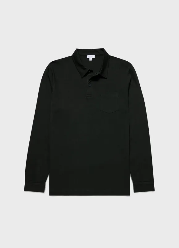 Men's Long Sleeve Riviera Polo Shirt in Holly Green made by Sunspel