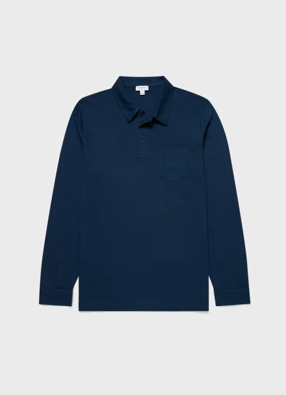 Men's Long Sleeve Riviera Polo Shirt in Naval Blue made by Sunspel