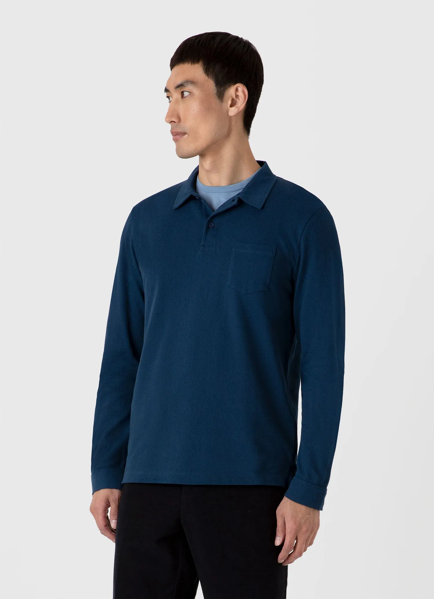 Men's Long Sleeve Riviera Polo Shirt in Naval Blue sold by Sunspel product image thumbnail 2
