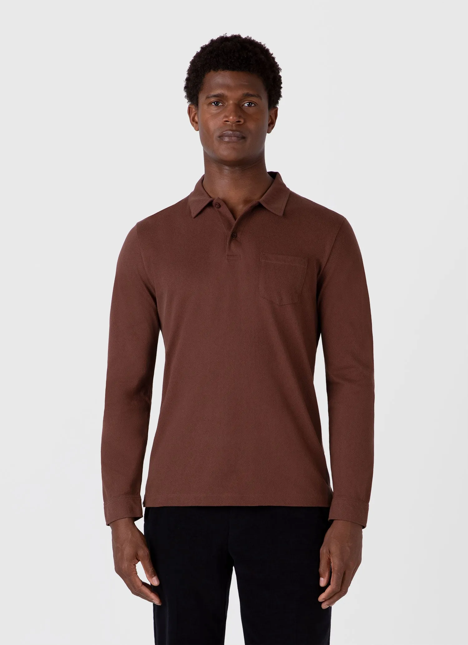 Men's Long Sleeve Riviera Polo Shirt in Cocoa Brown sold by Sunspel product image thumbnail 2