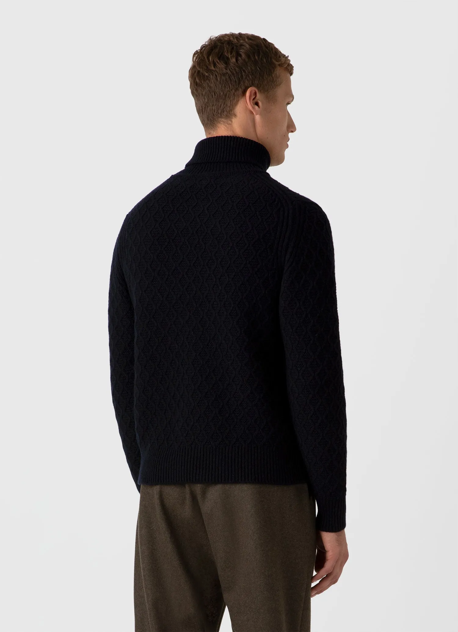 Men's WM Brown Aran Roll Neck in Dark Navy Mouline sold by Sunspel product image thumbnail 5