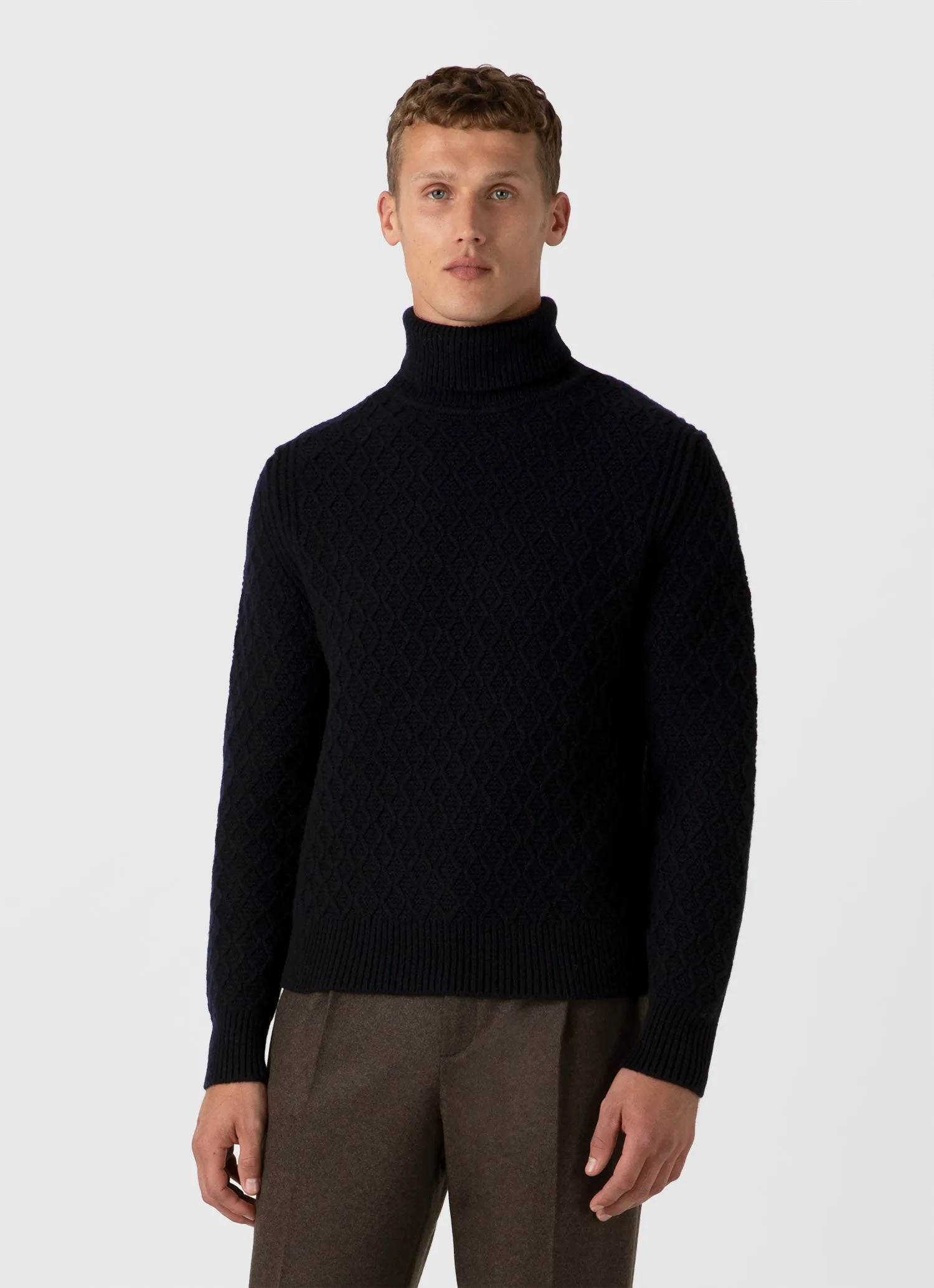 Men's WM Brown Aran Roll Neck in Dark Navy Mouline sold by Sunspel product image thumbnail 2