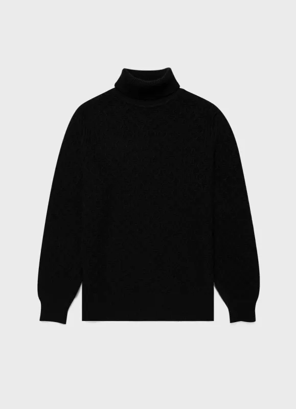 Men's WM Brown Aran Roll Neck in Dark Navy Mouline sold by Sunspel