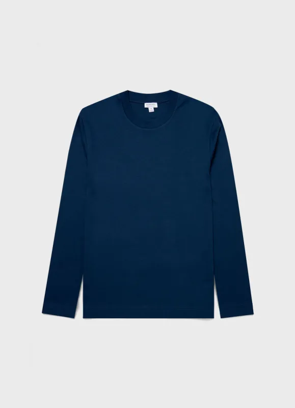 Men's Long Sleeve Heavyweight T-shirt in Naval Blue made by Sunspel