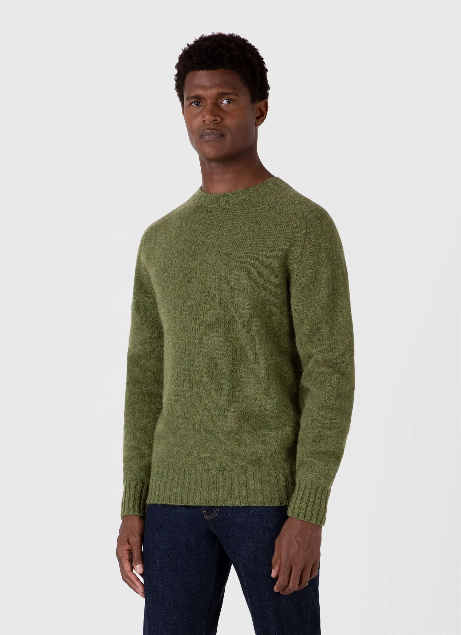 Men's Shetland Crew Neck Jumper in Moss Green Melange sold by Sunspel product image thumbnail 2