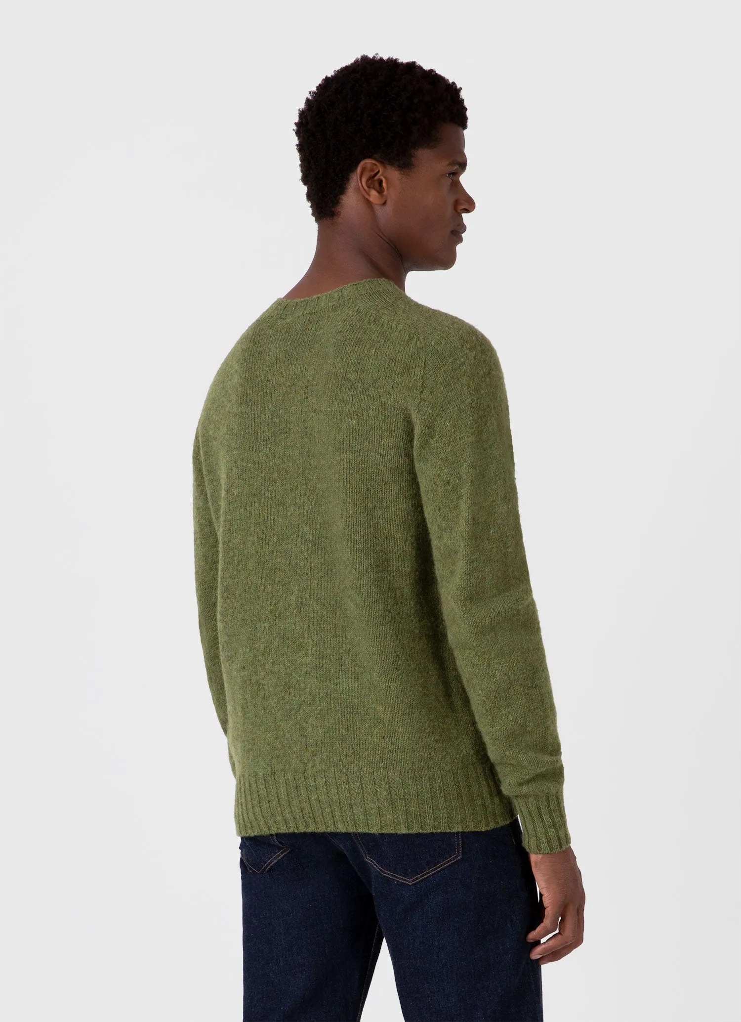 Men's Shetland Crew Neck Jumper in Moss Green Melange sold by Sunspel product image thumbnail 5