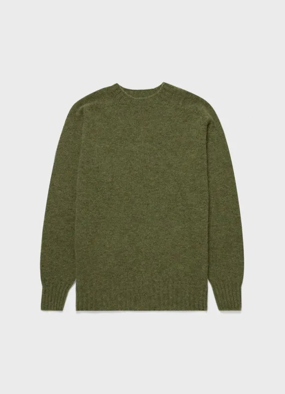 Men's Shetland Crew Neck Jumper in Moss Green Melange sold by Sunspel