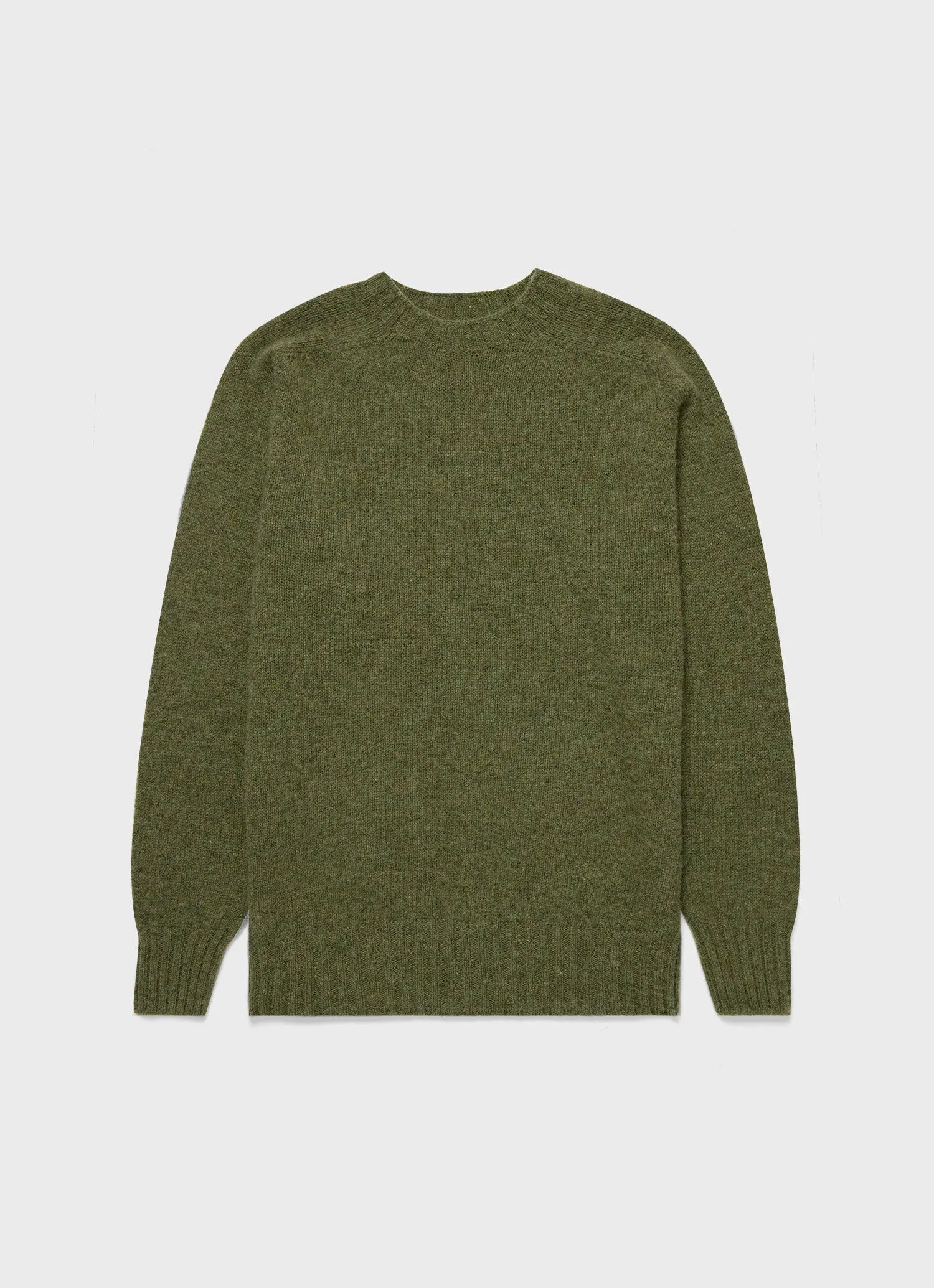 Men's Shetland Crew Neck Jumper in Moss Green Melange sold by Sunspel