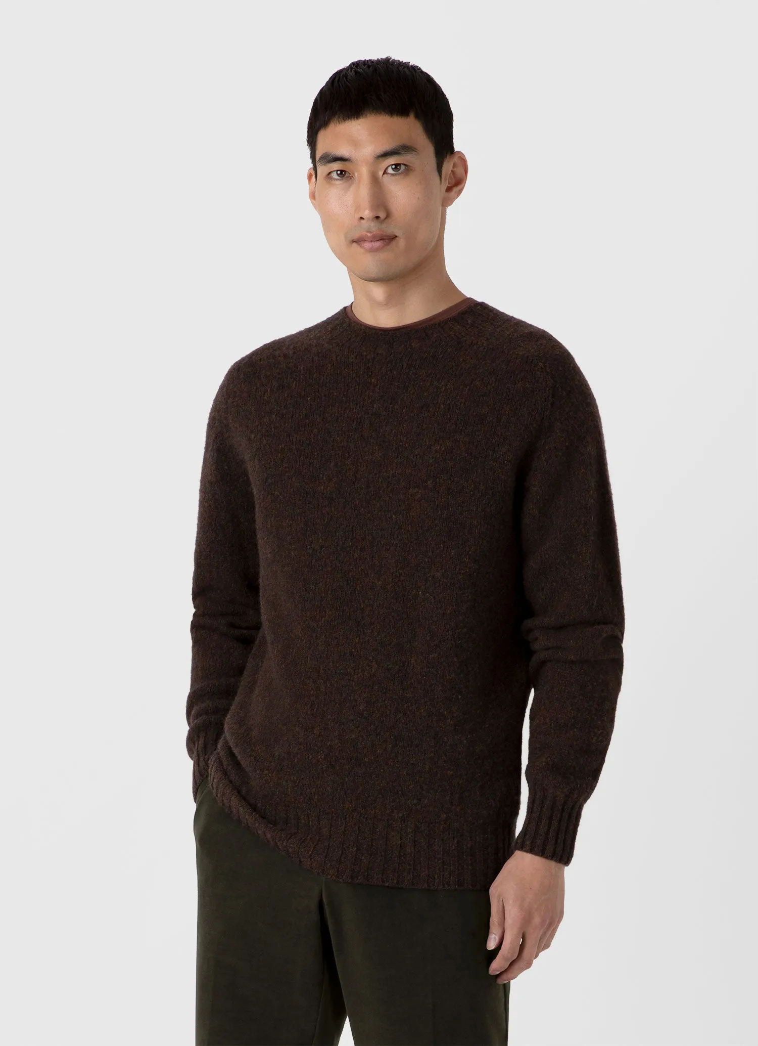 Men's Shetland Crew Neck Jumper in Dark Green Melange sold by Sunspel product image thumbnail 2