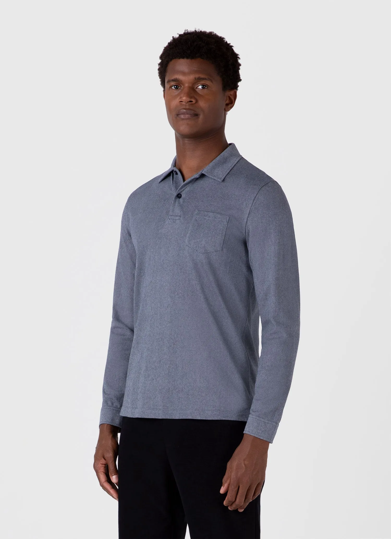 Men's Long Sleeve Riviera Polo Shirt in Navy Twist sold by Sunspel product image thumbnail 2