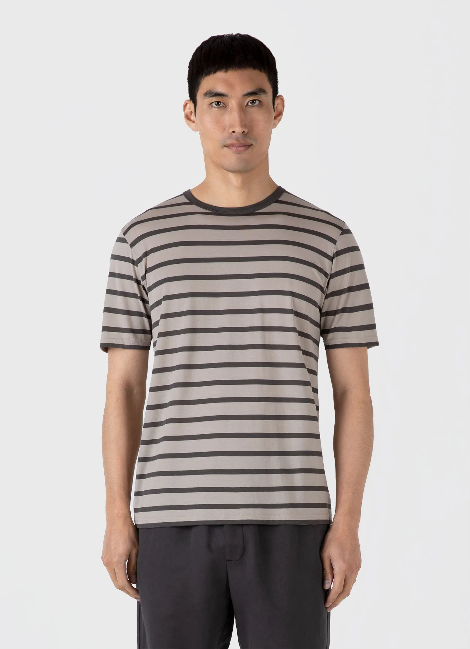 Men's Classic T-shirt in Ash Grey/Charcoal Breton Stripe sold by Sunspel product image thumbnail 2